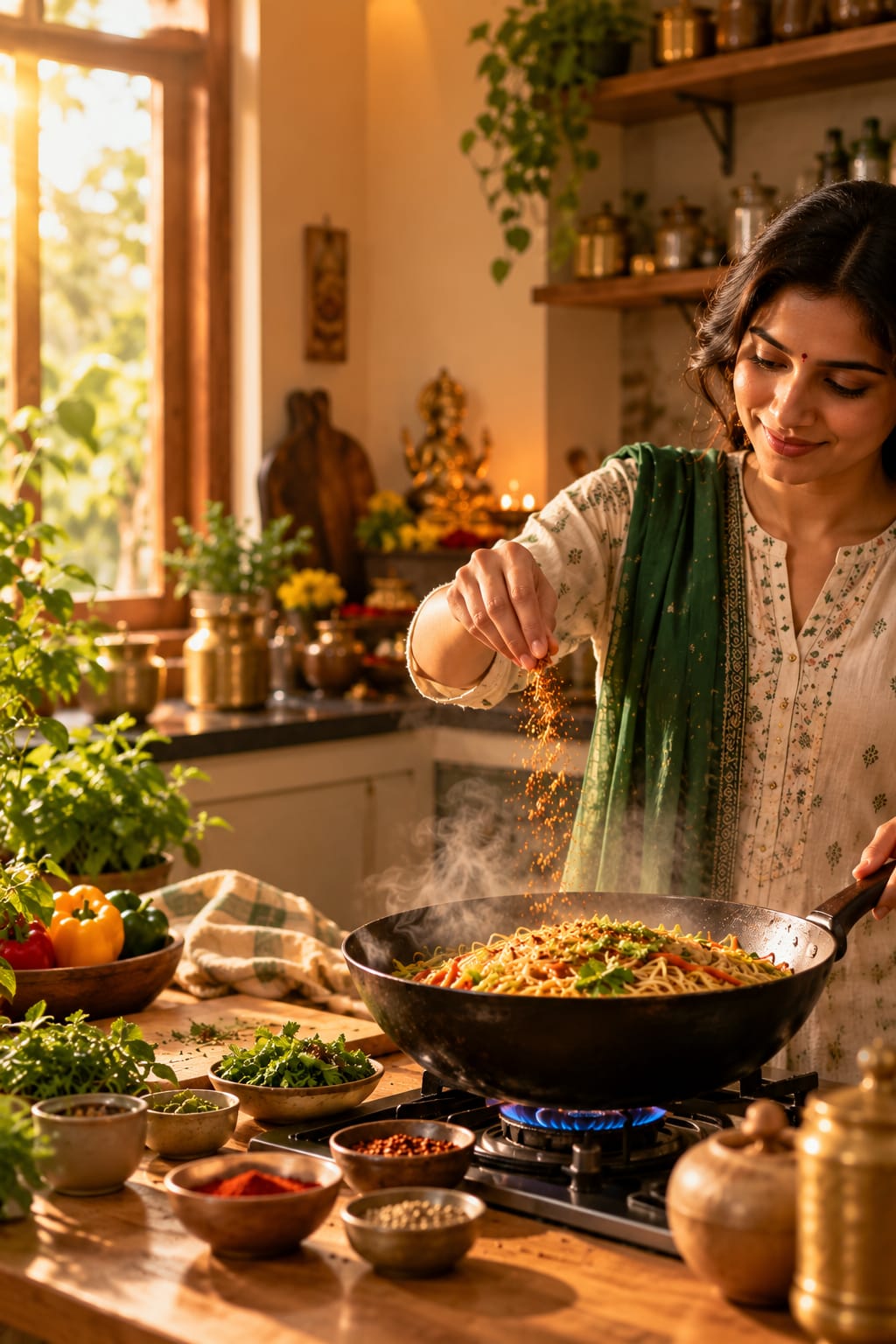 Giri Natural Sattvik cooking in an Indian home kitchen with traditional spices and fresh ingredients